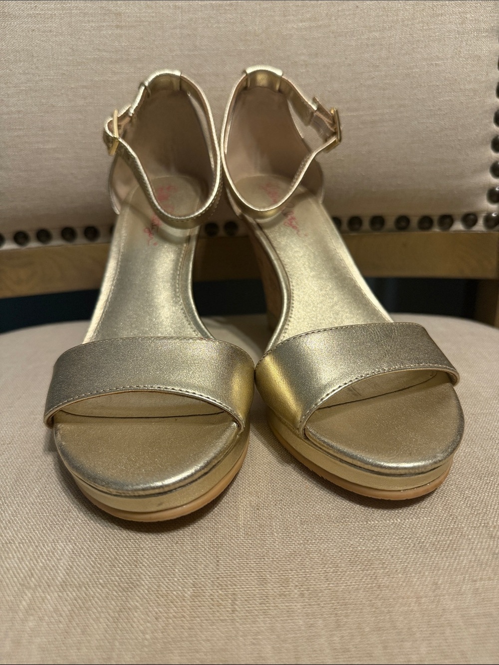 Lilly Pulitzer Metallic Gold Leather Ankle-Strap Wedge Platform Heels Size 7.5